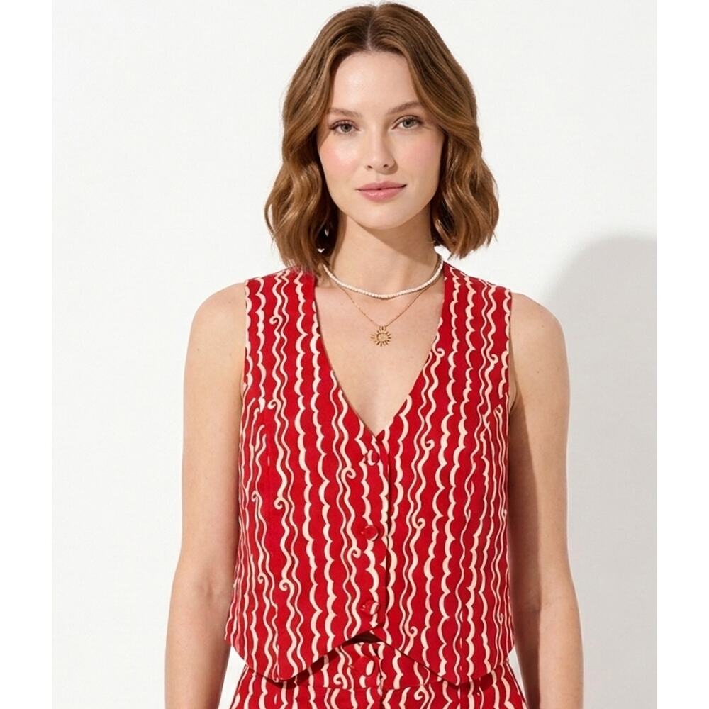Dress To Buttoned Vest Womens Small Red V-Neck Sleeveless Crop Top Wave Stripes